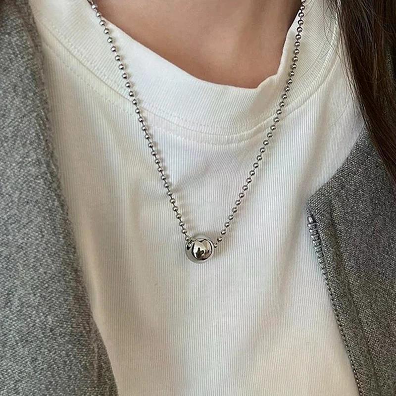 Personality Design Silver Color Stainless Steel Beaded Ball Pendant Necklace For Women Double Layer Hip Hop Rock Chokers Jewelry