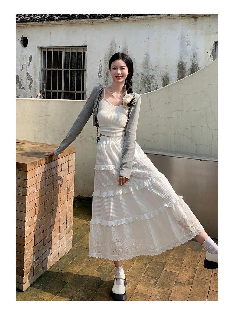 Women's Princess-Style White Lace Midi Skirt - A-line, Tiered, Flared, Spring/Summer Design