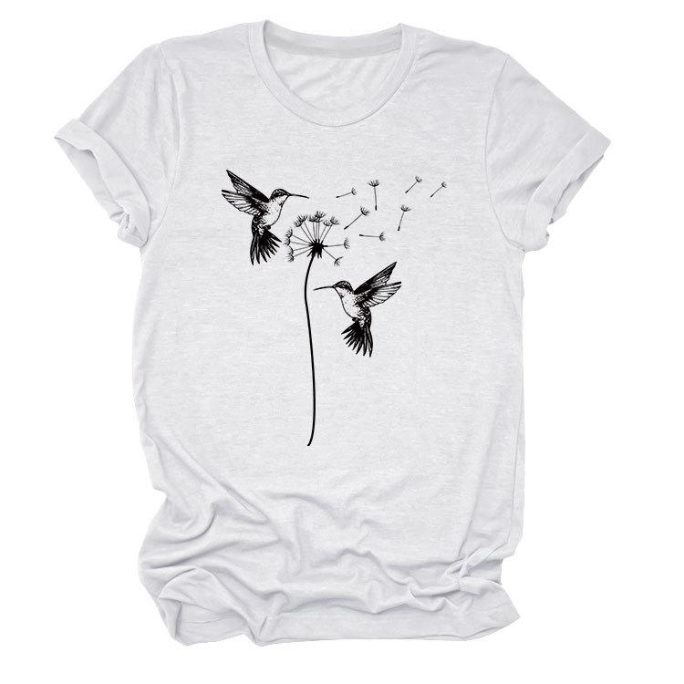 Sommer Rundhals Zwei Vogelmuster Druck Top Modische Lässige Kurzarm Damen T-Shirts