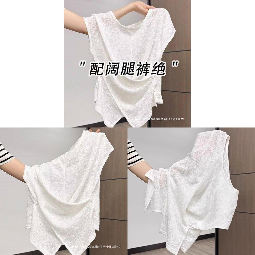 T Shirt Women Summer Oversize Linen Embroidered No Sleeve For Casual Fashion