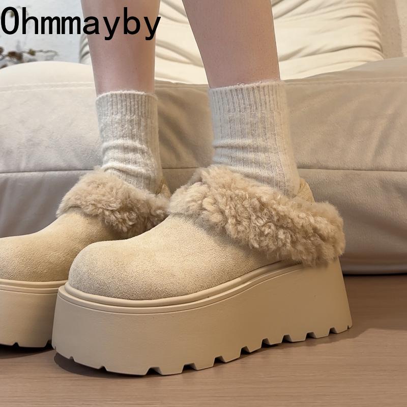 Winter Platform Flats Women Fur Lining Snow Boots Concise Shallow Slip On Shoes Ladies Outdoor Comfort Warm Cotton Short Booties