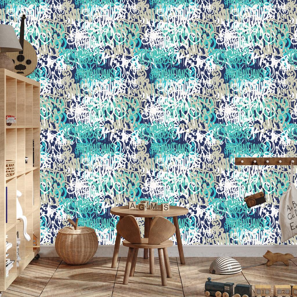 Graffiti Wallpaper In Shades of Blue for Living Room and Bedroom 50x1000