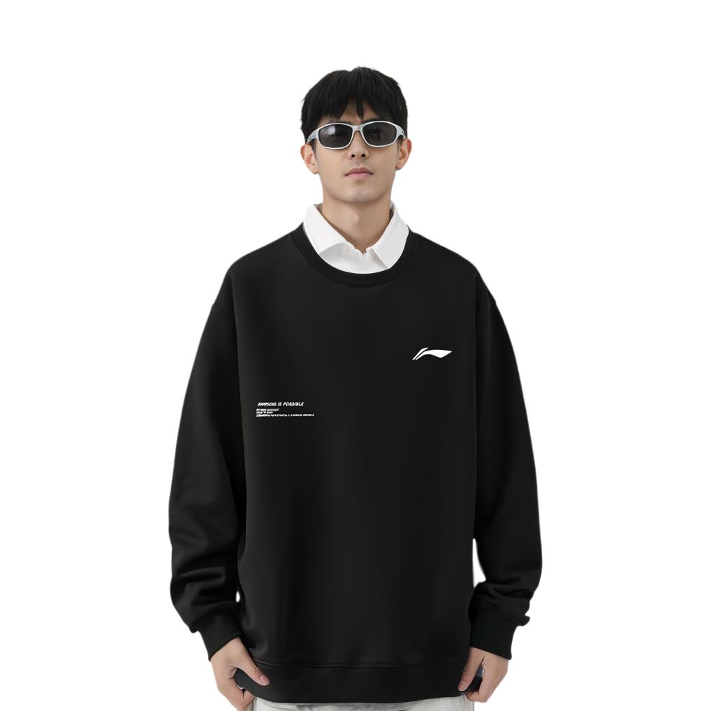 Li Ning Badminton Series Letter Print Crew Neck Loose Long Sleeve Sweatshirt Unisex sweatshirt Black AWDS201-2