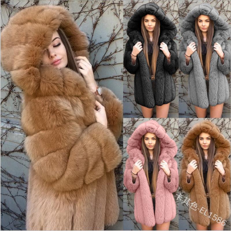 Fur Sales Fox Fur Imitation Fur Jacket Women's Hooded Splicing Medium and Long Coat Light Luxury European and American Style