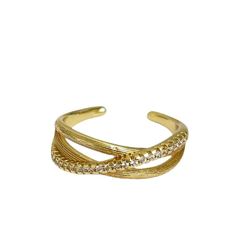 Vintage Geometric Brushed Lines Full Of Diamonds Zir*****Pen Ring Niche Design Temperament Exquisite Ring Woman