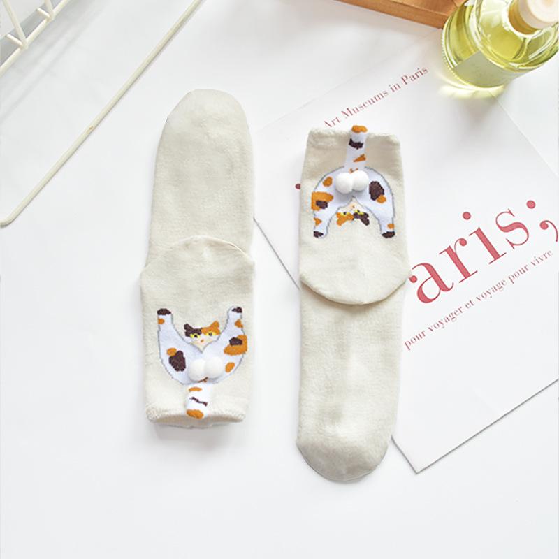 Women's 3D Cartoon Cat Mid-Calf Socks - Cute Korean Style for Autumn/Winter