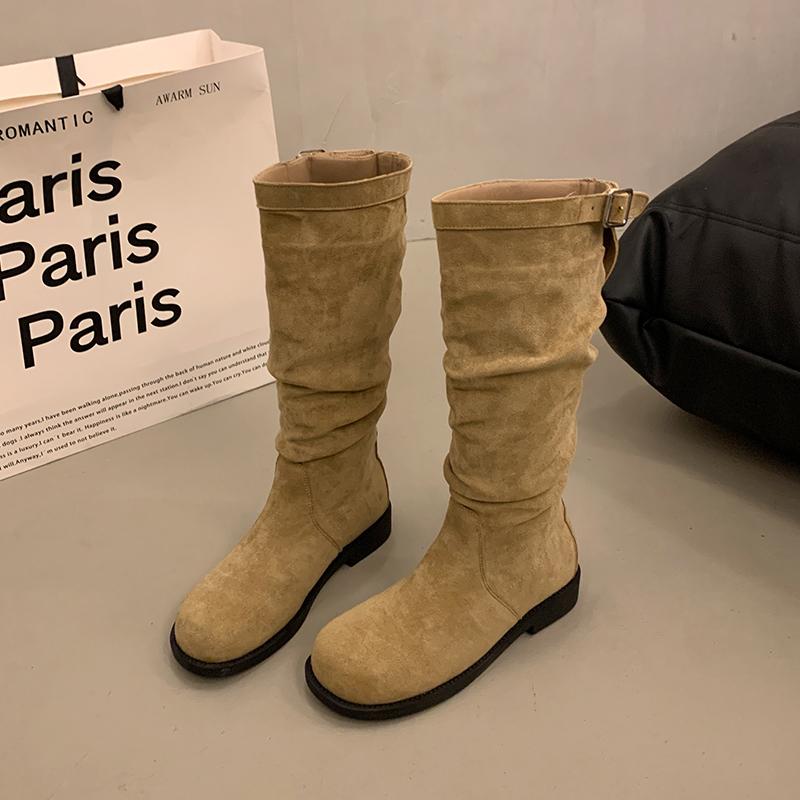 Vintage Pleated Woman Knee High Boots Shoes 2025 Spring Autumn Ladies Elegant Low Heel Knight Botas