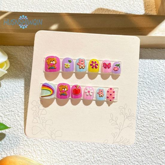 12Pcs Kids Cartoon False Nails - Cute Christmas Themed Pattern, Embossed Press On Nails, Self-adhesive Fake Nails DIY Art