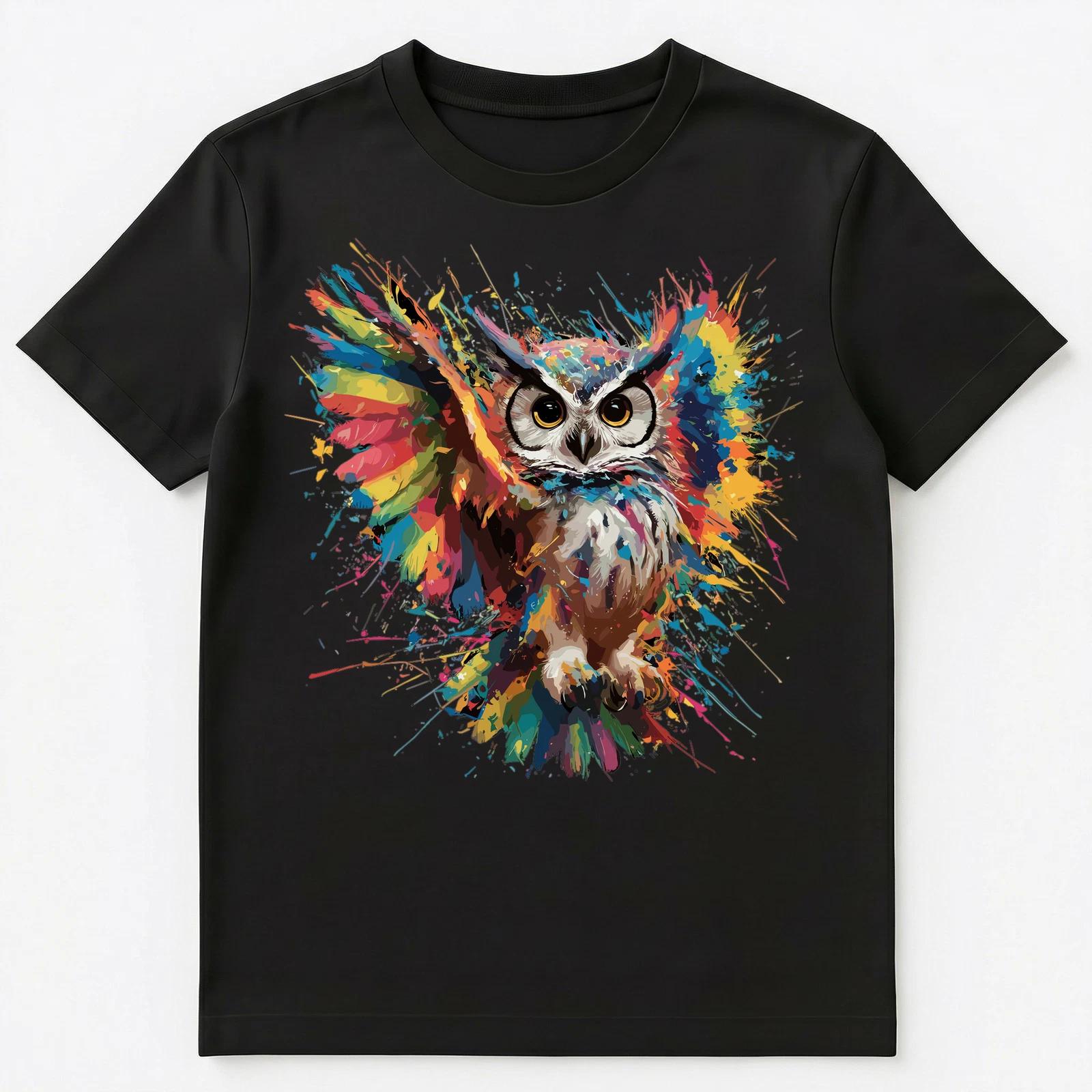 

Colorful Paint Splash Flying Owl Art Graphic Unisex T-Shirt L