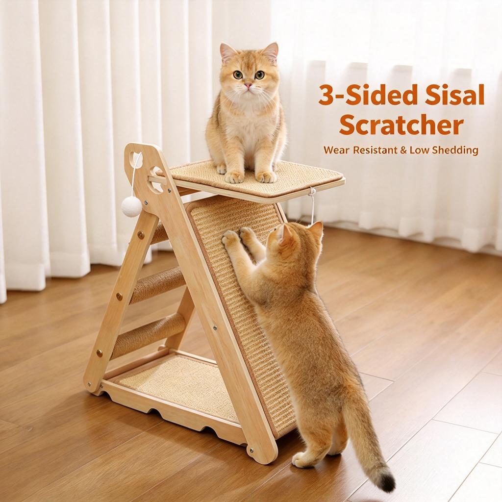 2-in-1 Wooden Cat Scratcher & Bed, Triangular Sisal Cat Climber with Hammock, Wear-Resistant Cat Tree