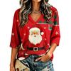 Women's Casual Christmas Print V-Neck Three-Quarter Sleeve Blouse for Holiday Party