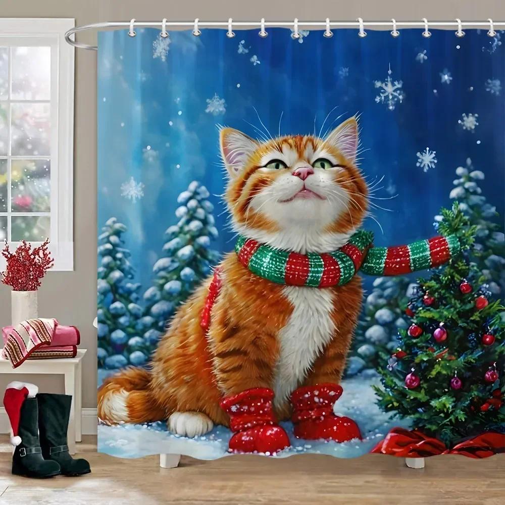 Christmas Snowman Shower Curtain Christmas Tree Winter Snow Christmas Gift Polyester Shower Curtains Bathroom Decor with Hooks