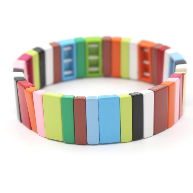 Geometric Enamel Bracelet With Rainbow Beads Multi-Layer Stackable Alloy Bangle Couples Unisex Jewelry
