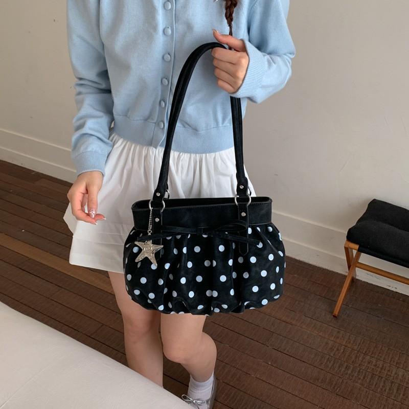 Women Polka Dot Shoulder Bag Large Capacity Simple Versatile Underarm Bags Bow Cloud Pleated Bag With Starfish Pendant Party Bag