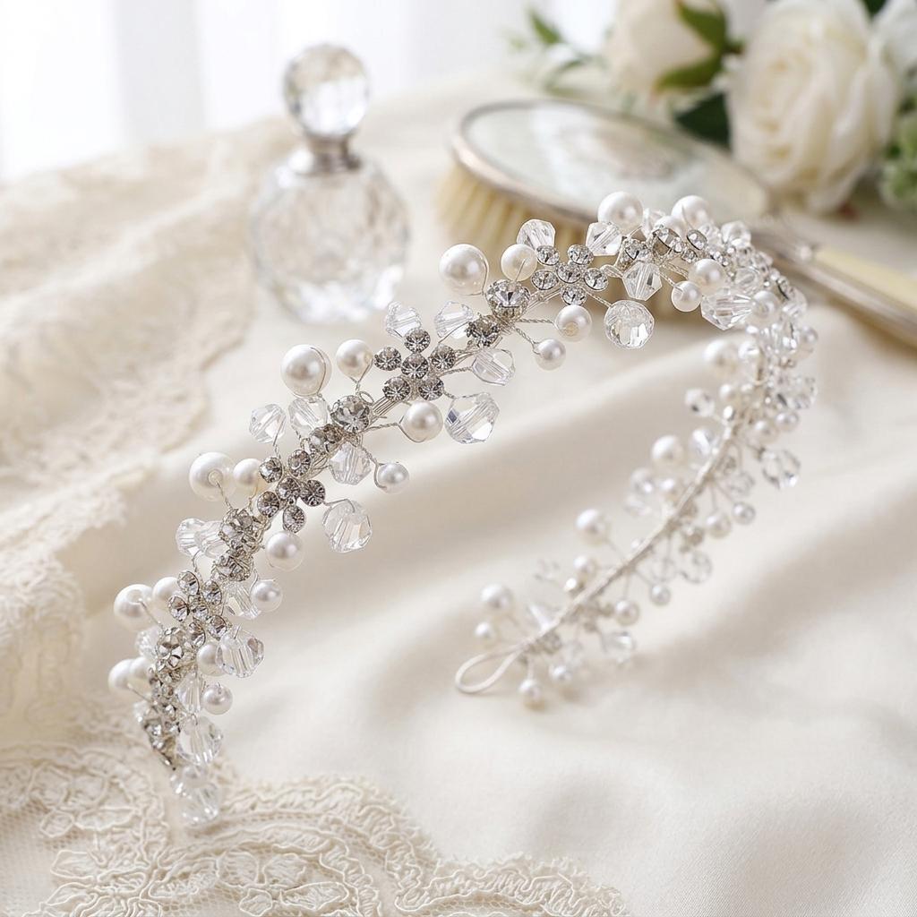 Bridal Hair Band With Rhinestone And Pearl For Wedding Headpiece