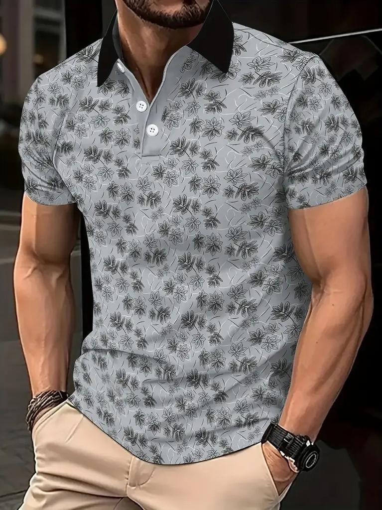 Casual Essential! Leaf Print Short-sleeve Polo, Stylish and Versatile.