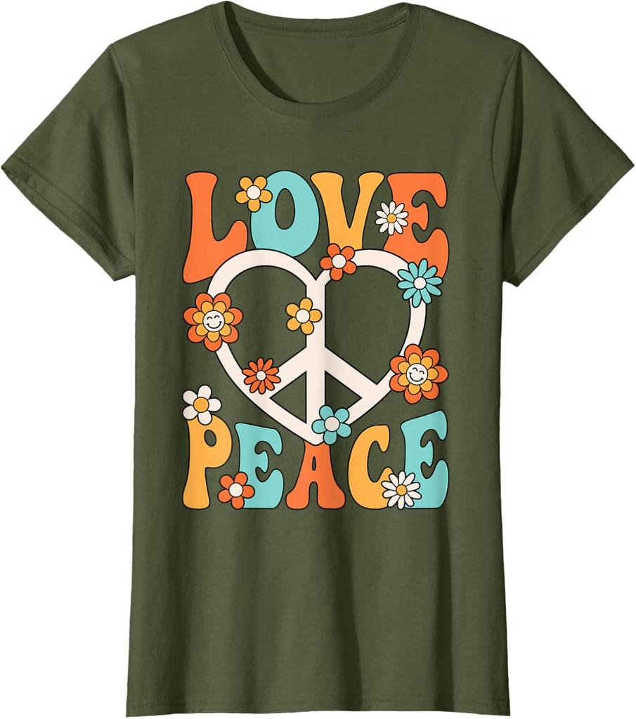 Love Peace Sign Groovy Hippie Graphic Tee Retro 70s Style Cotton T-Shirt for Women