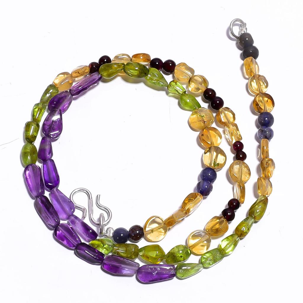 Natural Amethyst Peridot Citrine Gemstone Smooth Beads Necklace 17" UB-4526 UB-4526