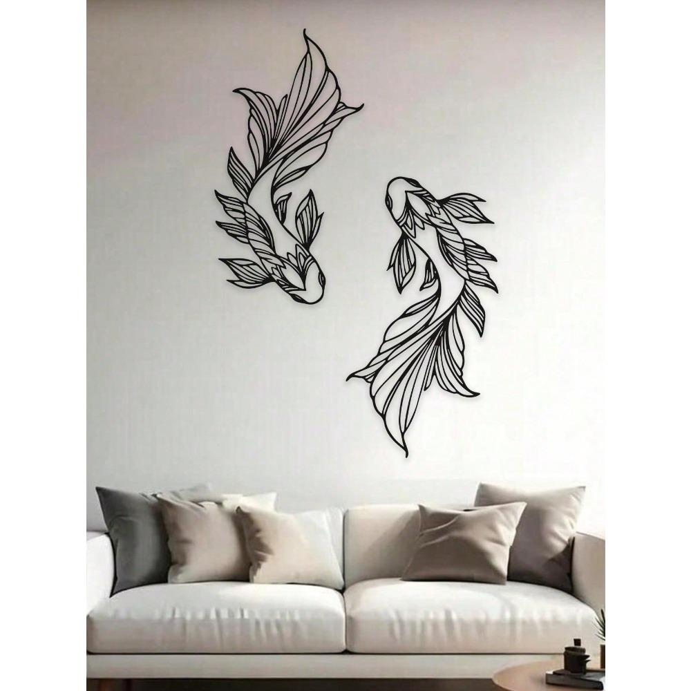 2pcs Minimalist Koi Fish Metal Wall Art, Home Decor Feng Shui, Modern Interior Design for Living Room