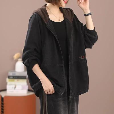 Denim Jacket for Women Cotton Oversize Little Bear Casual Hood Versatile Black Jean Jacket