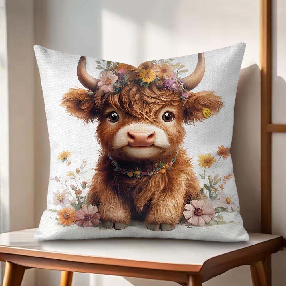 Highland cow  flower Cushion Cover Natural Linen Organic Fabric DoubleSided Printing Couch Pillow Covers Home Decor Gift