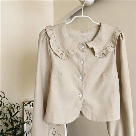 

Универсальная весенне-осенняя шикарная текстурированная короткая рубашка с воротником Питер Пэн для женщин M [47.5-52.5 kg]