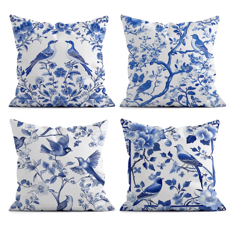Chinese Style Pattern Throw Pillow Cases Flowers And Birds Painting Soft Cushion Cover For Home Decor Easy To Clean 17.7*17.7in