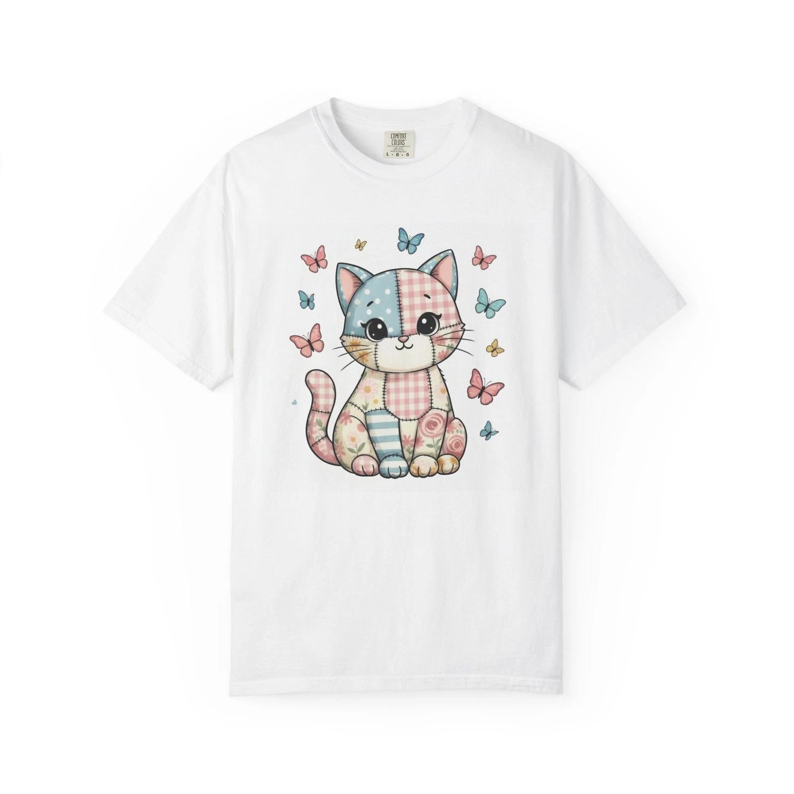 

Cuddly fabric quilt CAT 100% Cotton T-shirt Mens Tees Top,with cute butterflies cat lovers will love it! 2XL
