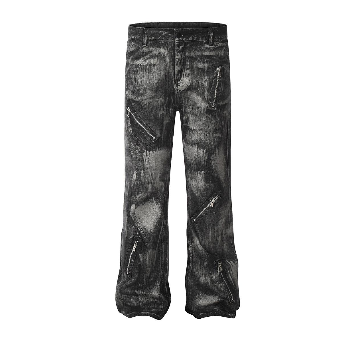 American retro paint brush personalized cleanfit zipper design jeans micro-straight trousers men S