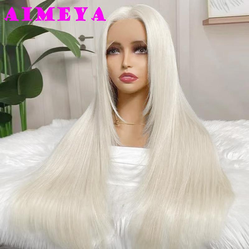 AIMEYA Parrucca a Taglio Stratificato Biondo Platino Parrucca con Pizzo Frontale Lunga Liscia Sintetica con Pizzo Resistente al Calore Parrucche Bionde per Donne