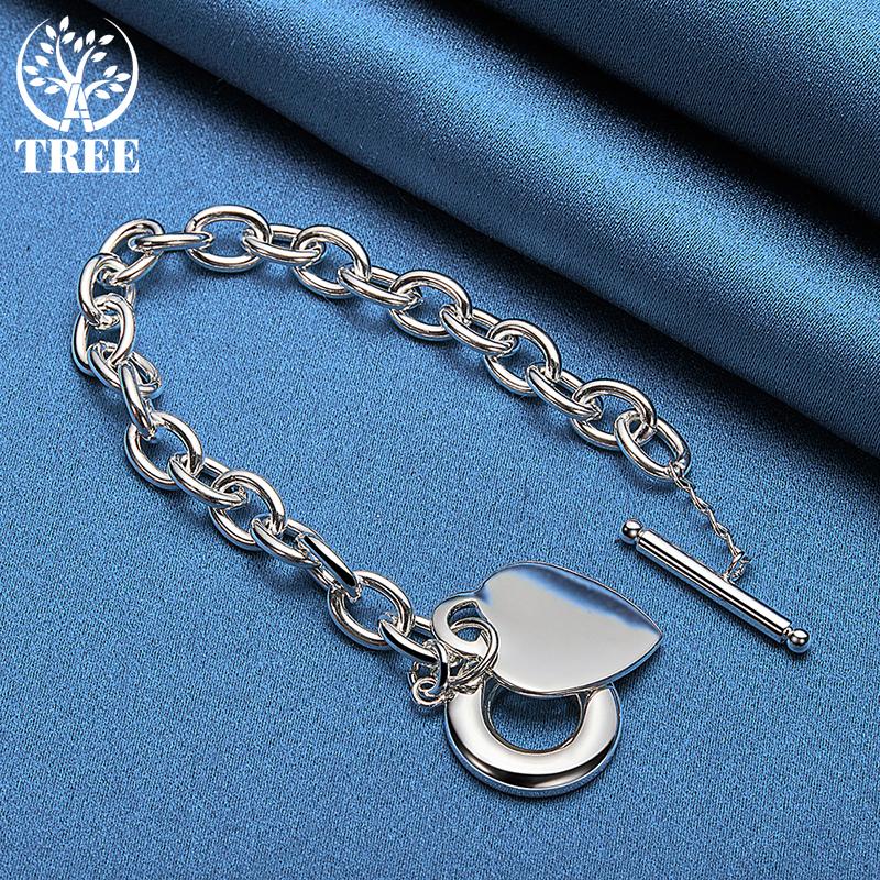 925 Sterling Silver Love Heart Pendant Bracelet Chain TO Buckle Jewelry