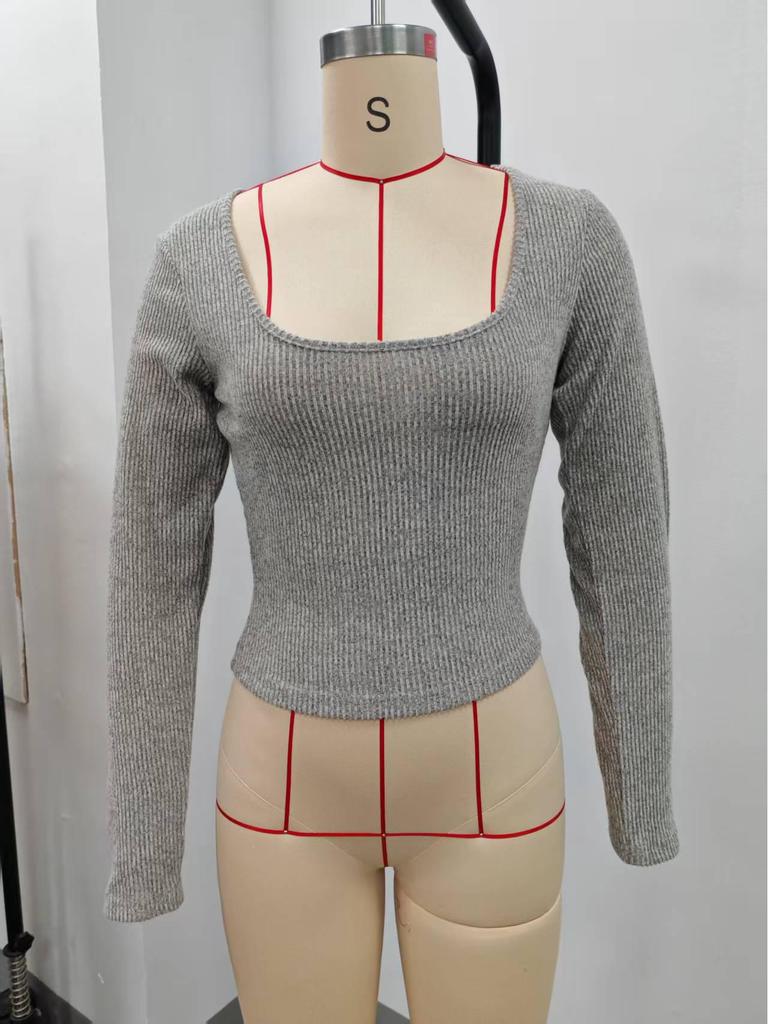 European & American Y2K Style Square Neck Long Sleeve Slim Fit Ribbed T-shirt