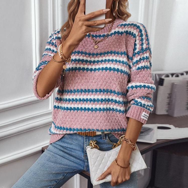 Vintage Stripe Cardigan Knitwear Sweater Long Sleeve Loose Top O Neck Autumn Winter