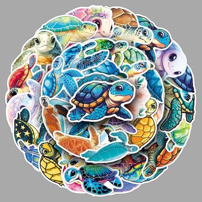 50 Autocollants Tortues Marines: Animaux de dessin animé pour téléphone, bouteille d'eau, guitare, décoration de journal, art couleur imperméable avec colle à coulure
