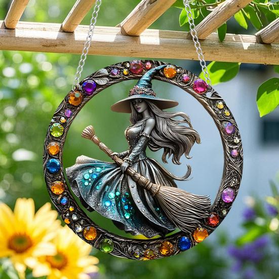 Halloween Witch Black Cat Hanging Sign 2D Flat Acrylic Broom Witch Round Sign Indoor Outdoor Porch Door Hanger Wall Hanging Decoration