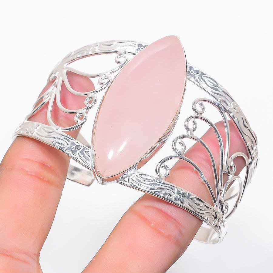 Natural Rose Quartz Gemstone 925 Sterling Silver Cuff Bangle Adjustable m6H96