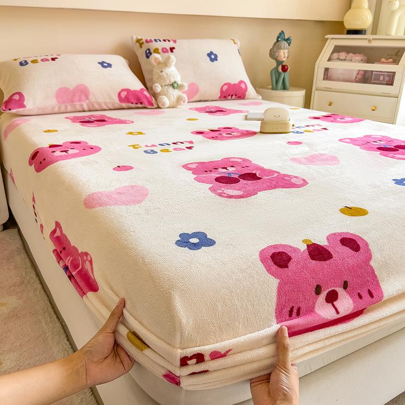 Winter Warm Flannel Fleece Bed Sheet Cartoon Flower Printed Thick Bed Sheets for Winter Single/Queen/King Soft Plush Bed Sheet
