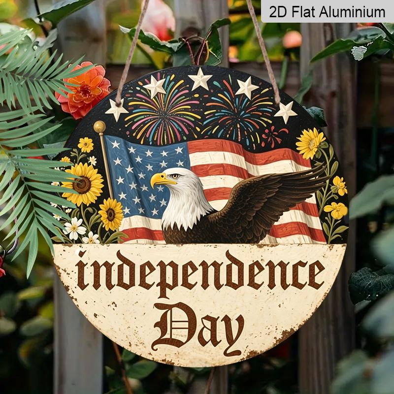 2D Flat, 1pc Round Decor, Vintage Patriotic American Flag, Eagle, Fireworks, Liberty, Aluminum Wall Decor for 4th of July, Home, Office, Porch