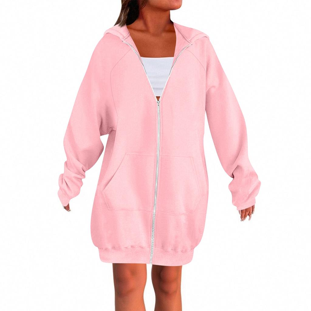 Women's Solid Color Zippered Sweatshirt Top Daily Casual Raglan Long Jacket (Without Hood Drawstring)