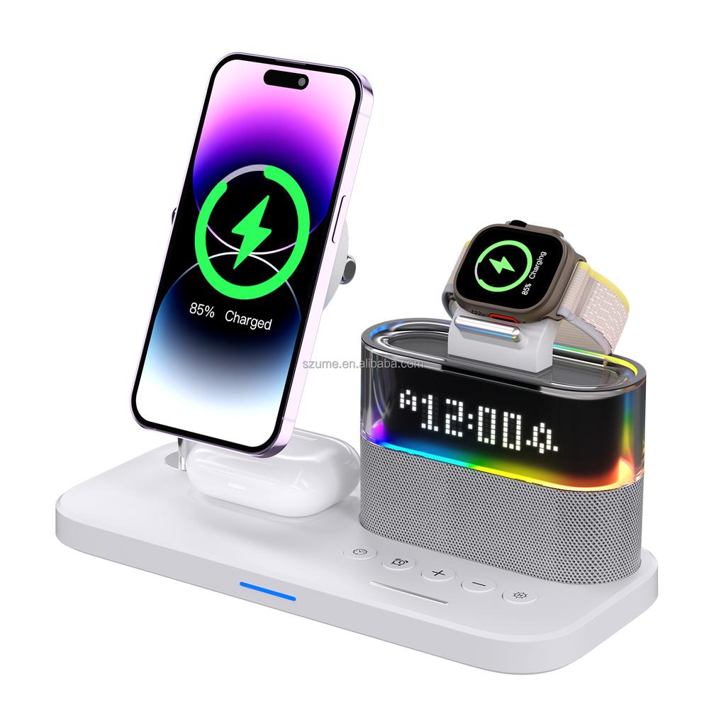 New Desk Stand Magnetic Wireless Charger Fast Wireless Charging 15W Output Type-C Port LED Colorful Lights Digital Display Clock