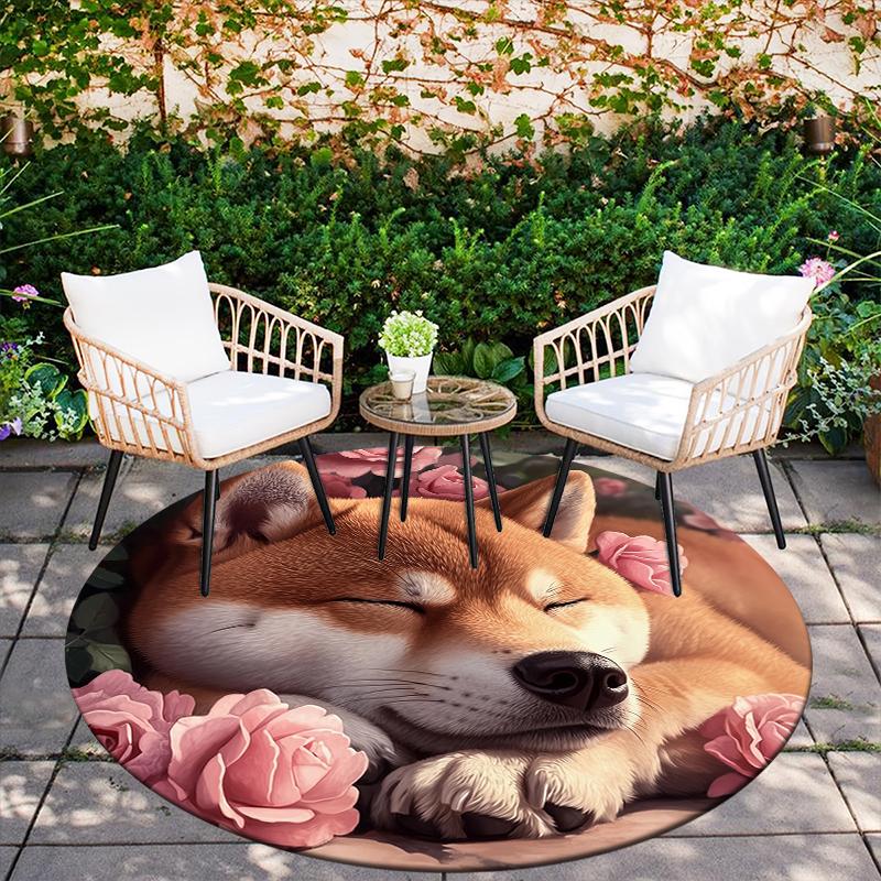 Shiba Inu and rose pattern round rug,Carpet Rug for Living Room Bedroom  Playroom ,Non-slip Floor Mat,Holiday Gifts and Birthday Gifts.