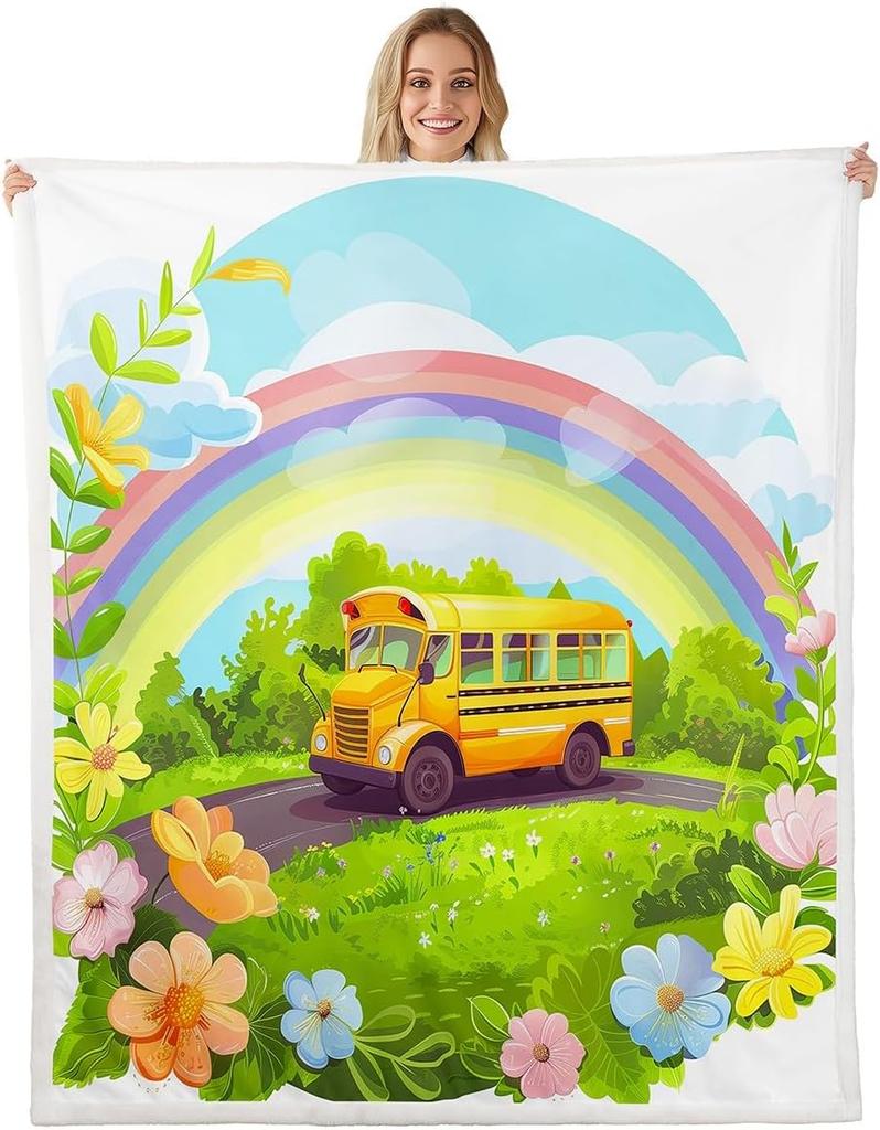 School Bus Blanket Yellow Bus Pattern Fleece Throw Kids Room Decor Back to School Theme Cozy Bed Cover