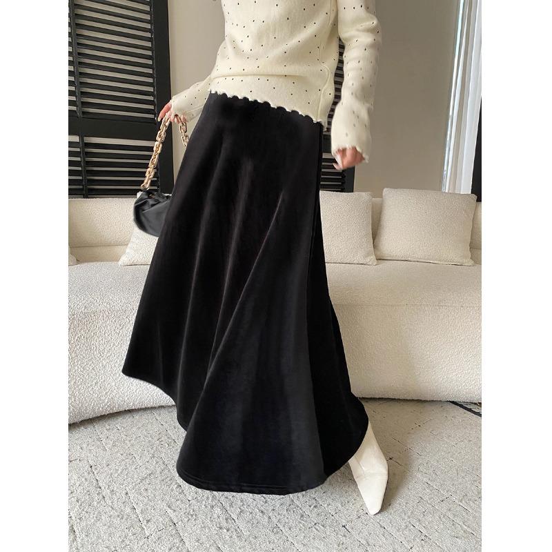 Sinan Elegant High-Waisted Gold Velvet A-Line Skirt SN8475 Medium чёрный