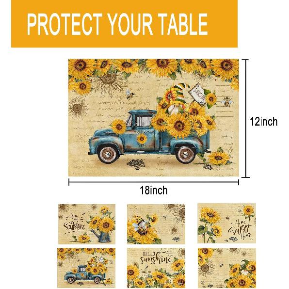 pinata Sunflower Linen Square Spring Placemats Set of 6, Sunflower Kitchen Decor, Vintage Spring Summer Sunshine Gnome Truck Table Mats for Farmhouse