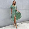 Women Floral Printed Bandage Casual Dress Green Beach Leisure Butterfly Sleeve Summer Ladies Female Dress