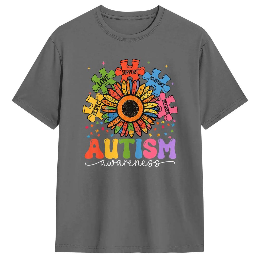 Sunflower Puzzle Respect Love Support Autism T Shirt For Couple Summer T Shirts O Neck Fashion Tees Plus Size Wholesale Clothing