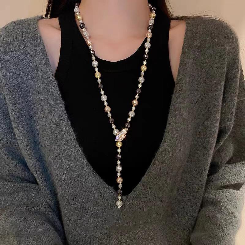 Luxury Long Pearl Tassel Necklace for Women Zircon Leaf Water Drop Shape Pearl Pendent Sweater Chains Elegent Daiy Wear Jewelry