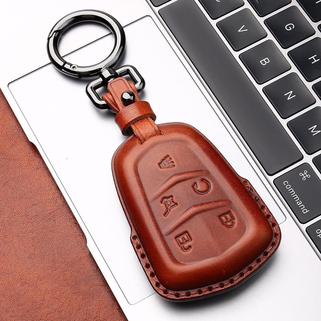 Tukellen for Cadillac Leather Key Fob Cover with Keychain Leather Key Case Key Shell 360 Degree Full Protection Compatible with Cadillac Escalade CTS