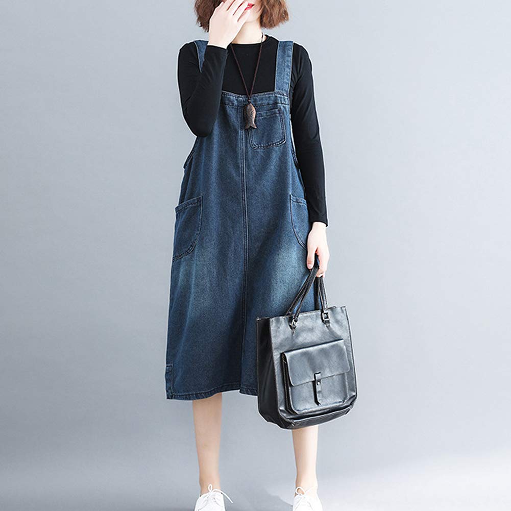 Anmida Denim Overalls Dress Relaxed Skirt, Fit, Stylish, Cute, Figure-Flattering, Pockets, Knee-Length, Spring/Summer