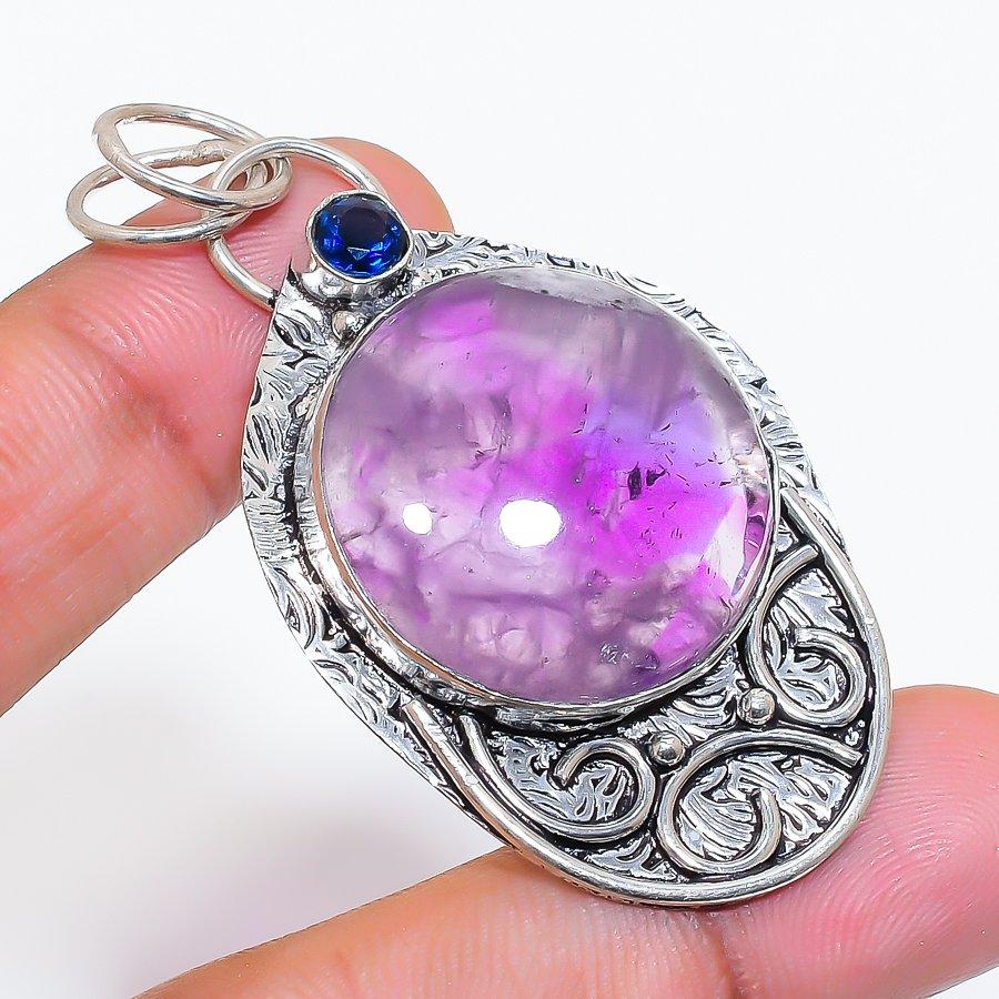 Natural Sage Amethyst, Iolite 925 Sterling Silver Jewelry Pendant 2.36" ZS-165